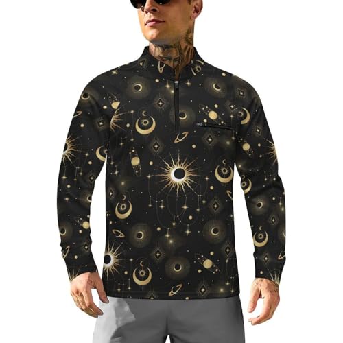 Gold Astrology Mystical Elements Men's Sun Protection Shirts UV SPF UPF 50+ Long Sleeve Rash Guard Lightweight