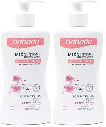 Babaria - Jabón Íntimo Hidratante con Rosa Mosqueta y Ácido Láctico, Respeta el PH Íntimo, Testado Bajo Control Ginecológico, Rápida Absorción, Vegano - 300 ml (Paquete de 2)