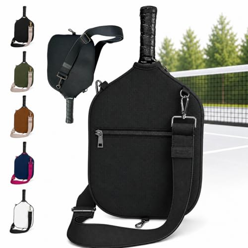 Posh Pickler Crossbody Neoprene Pickleball Paddle Cover with Adjustable Strap, Built-in Pocket for Essentials, Carabiner Fence Clip, Add-On Ready D-Rings, and Durable Design for Everyday Use, Black