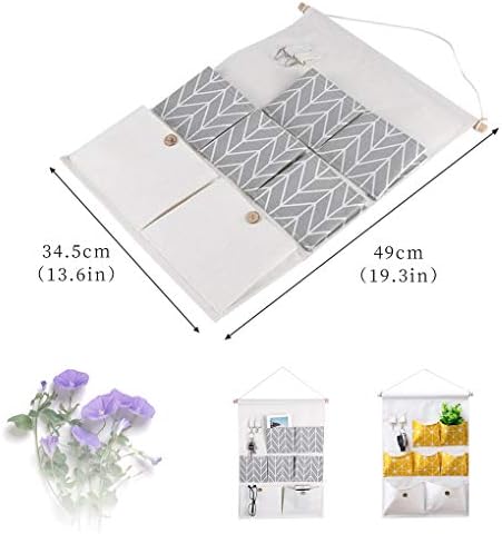 WishLotus Wall Hanging Bag, Linen Cotton Fabrics Hanging Organizers, Cloth Hanging Storage Bag Wall Hanging Organizer Over The Door Magazine Storage 7 Pockets with 2 Key Hooks (Grey)