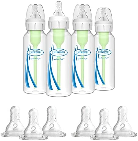 Dr. Brown's Options+ Anti-Colic Baby Bottle - 8oz - 4 Pack and Dr. Brown's Original Nipple, Level 2 (3m+), 6 Count