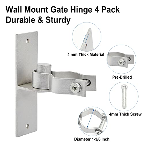 Ganggend 1-3/8 Inch Wall Mount Gate Hinge 4 Pack Pipe Gate Hinge Chain Link Fence Gate Metal Hinges Fence Post Chain Link Silver (Screws Included) #TOP3
