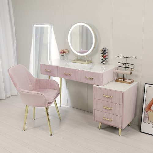 ドレッサー コンパクト お姫系 鏡台 化粧台収納 ベロア椅子 北欧風 オシャレ LEDミラー 化粧テーブル 収納付き セット J108 (100cmデスク+ベロア椅子+LEDミラー+チェスト(4点), ピンク)