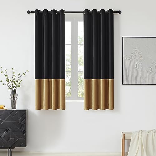 BULBUL Black Gold Color Block Window Curtains Panels 63 inches Long Velvet Farmhouse Drapes for Bedroom Living Room Darkening Treatment with Grommet Set of Black Gold