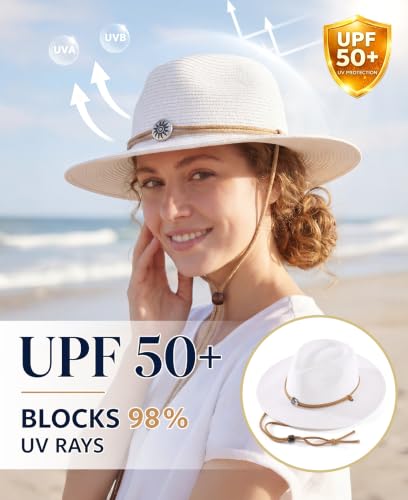 Image of Home Prefer UPF50+ Men's Wide Brim Straw Fedora Sun Hat with Badge Lanyard