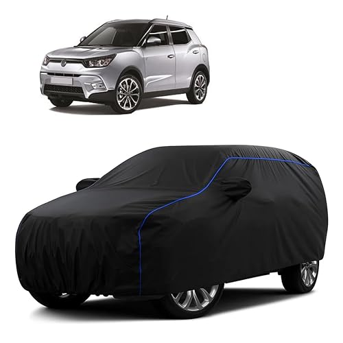 Image of Sulfar 100% Water Resistant Car Body Cover Compatible with Mirror for SsangYong Tivoli (Triple Stitched, Full Bottom Elastic, Black Tafetta with Blue Piping)