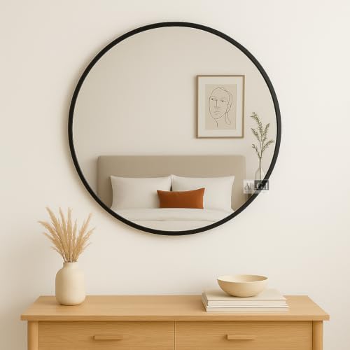 Image of Ali.G.I Round Wall Mirror, Modern Metal Framed Decorative Circle Vanity Mirror for Bathroom, Living Room, Bedroom & Entryway (Black 30 inch)