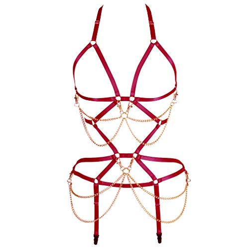 Damen Body Harness Bra Set Karneval Strumpfband Gürtel Set Elastic Hollow Top Bra Punk Gothic Tanzkostüm (0028) (Weinrot) Cover