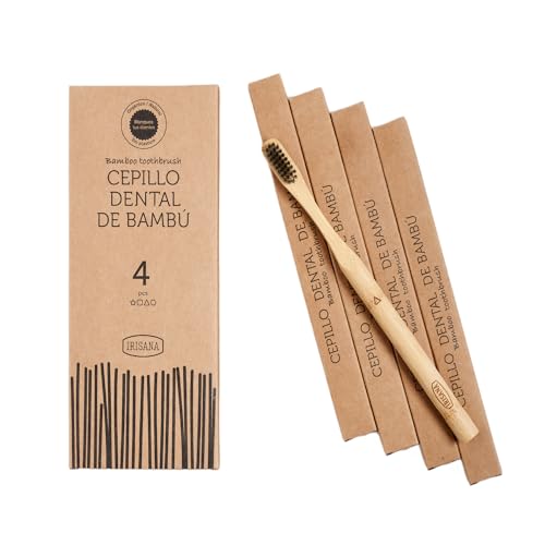 Irisana - Cepillo de Dientes - Pack de 4 - Marrón - 9 x 20 x 2 cm - Madera de Bambú - Vegano - Cerdas de Carbón Activo y Doble Altura - Mango Encerado
