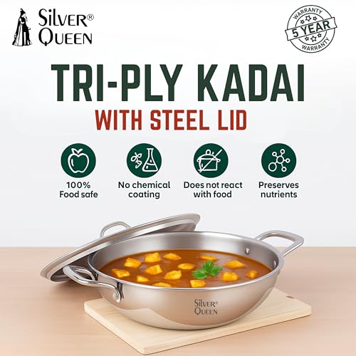 Image of Silver Queen Triply Stainless Steel Kadhai 26 cm (3.3 L) | Premium Triply Kadai for Cooking | Durable Stainless Steel Cookware | Induction & Gas Stove Compatible