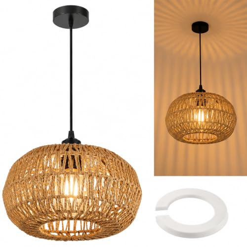 Image of NUODIFAN Rattan Pendant Ceiling Light,Boho Rattan Ceiling Light Ø30 cm,Natural Woven Ceiling Light Shade,100cm Flex Cable,E27,Boho Lamp Hanging Light for Ceiling Lights,Living Room,Bedroom,Hallways