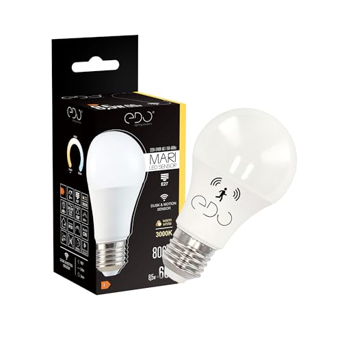 EDO Bombilla LED MARI 8,5W Blanco Cálido 3000K Bombilla LED con Sensor de Movimiento y Crepuscular 806 Lumen No Regulable Bombilla de Bajo Consumo Bombillas LED Máxima Eficiencia 220-240 V