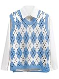 Lailezou Women's V Neck Knit Sweater Vest Argyle Plaid Preppy Style Sleeveless Crop Knitwear Tank Light Blue