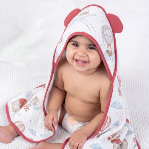 Image of haus & kinder Baby Hooded Wrapper for Newborn | 8 Layer Muslin Cotton Hooded Towel & Blanket with a Belt | Baby Towels for Infants & Toddler | 90 x 90 cm | Cloud Captain | 0-12 Months