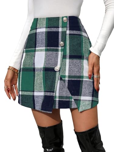 WDIRARA Women's Plaid Button Front High Waist Split Hem Skirt Casual Zip Back Skirts