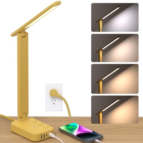 Image of Addtam LED Desk Lamp, Power Strip with 3 Outlets 4 USB Charging Ports(2 USBC), 4 Modes 5 Level Brightness Touch Lamp, Small Desk Lamp for Home Office College Dorm Room Essentials, Yellow