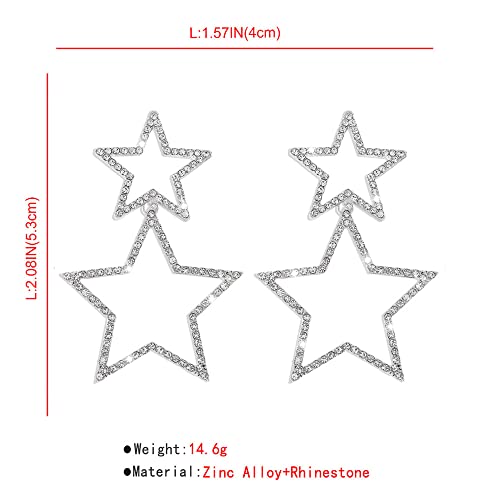 Rhinestone Big Star Dangle Earrings For Women Girls Hypoallergenic Crystal Long Tassel Stars Charms Drop Dangling Stud Fashion Lightweight Festival Christmas Birthday Party Jewelry Dainty Gifts For Friends Fans (Silver) #TOP5