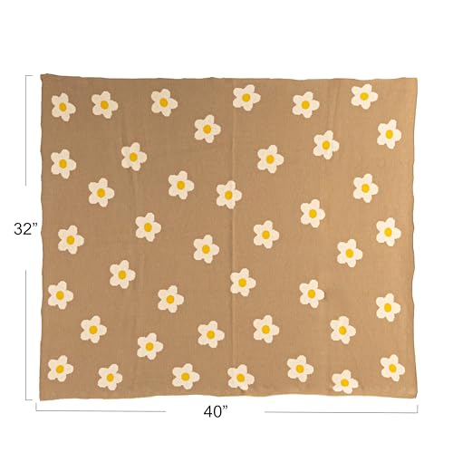 Image of Creative Co-Op Cotton Knit Baby Blanket with Printed Flowers, Brown and White