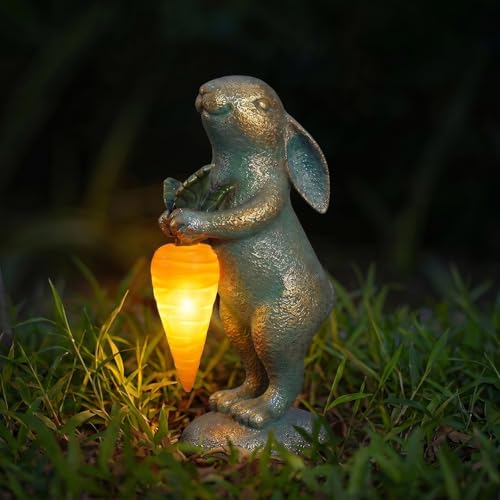 PETAFLOP Cute Garden Decor Bunny Statue with Solar Carrot Outdoor Rabbit Figurines for Patio Balcony Lawn Porch Yard Decorations Birthday Housewarming Gifts for Father Women Mom Grandma