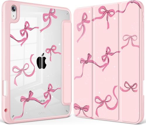 May Chen for iPad Air 11-inch M4/M3/M2 (2026/2025/2024), iPad Air 5th/4th 10.9 Inch - Shockproof Cover with Clear Back Shell & Penceil Holder Auto Wake/Sleep Stand Cover, Pink Bows