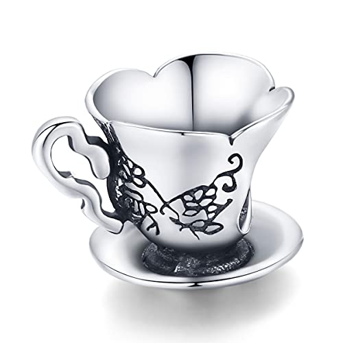 Abalorio de taza de té retro para pulsera con patrón medieval de plata