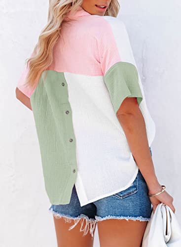 Dokotoo 2023 Summer Womens Ladies V-Neck Turn Down Collared Batwing Short Sleeve Pullover Shirts Comfy Linen Color Block Back Button Down Workout Loose Fit Tunic Blouses Green L #TOP1