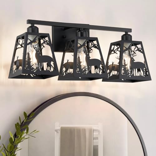 Image of Rustic Bathroom Light Fixtures, 3-Light Farmhouse Vanity Lamp with Deer Design and Openwork Engraved Metal Shade, Wall Lighting for Bathroom, Hallway, Kitchen, Porch