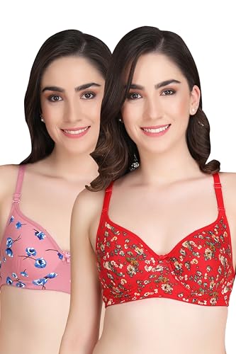 Image of Flower Print Bra for Women - Made of Pure Cotton Full Coverage Non Wired Pushup Soft Cup for T-Shirt Saree Dress Sports Garment for Daily Use Everyday