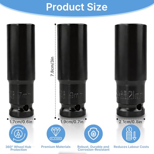 3 Stück Schlagschrauber Nüsse 1/2 Zoll Set, 17-19-21mm Schlagnuss Set, Kohlenstoffstahl Schonnüsse Kraft Schoneinsatze mit Felgenschutz für Reifen Wechseln, Radwechsel Schlagnuss 78mm Länge