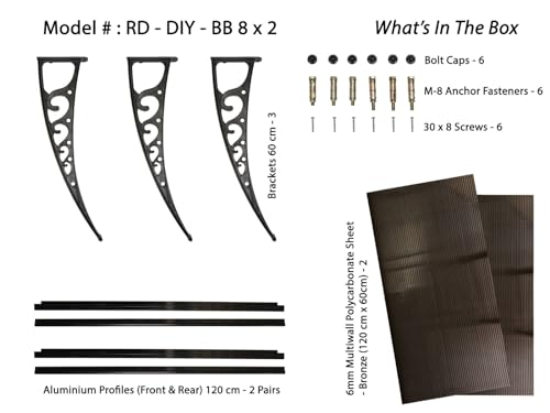 Image of CHENNAI Window Blinds and Shades DIY Polycarbonate Awning (Engineered Plastic Brackets) Window Sunshade Door Weather Shed Rain Canopy Awnings - 8'Widthx2'Depth (Black Brackets & Bronze Sheets)
