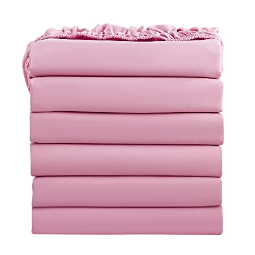 FreshCulture Queen Fitted Sheets, Bulk Pack of 6, Deep Pocket, Soft Microfiber Bottom Sheets for Home, Salons, Hotels, Queen Size Fitted Sheets Only (Dusty Pink)