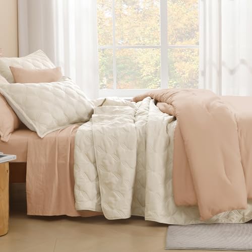 Image of Litanika Beige King Size Quilt Bedding Set - Summer Lightweight Comforter Bedspreads & Coverlets - Boho Farmhouse Bedding Cover Bed Decor All Season - 3 Pieces (1 Quilt, 2 Pillowcases)