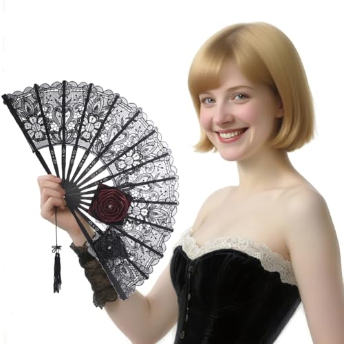 Éventail dentelle noire résistant et chapeau rose de cérémonie