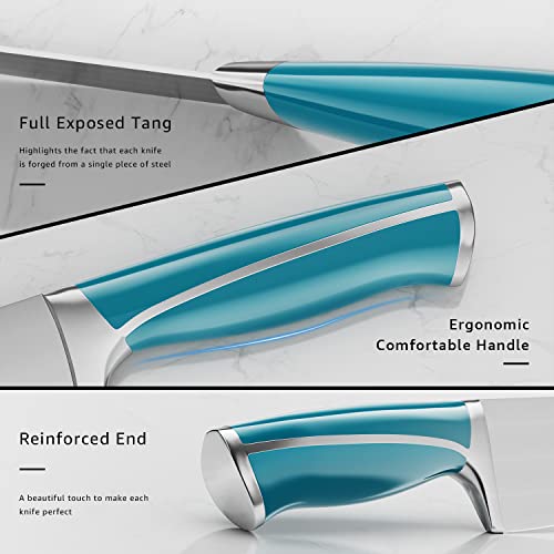 Emojoy Knife Set, 15-Piece Kitchen Knife Set With Block Wooden, Lake Blue Handle For Chef Knife Set, Kitchen Knives Sharpener And Scissors German Stainless Steel #TOP3