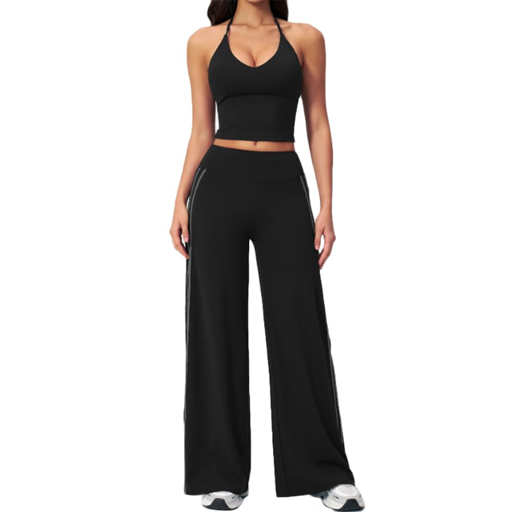 Ensemble yoga deux pièces soutien-gorge sport et legging pour gym course | Camisole sport col V à brides tour de cou, pantalon taille haute à jambes larges avec rayures latérales contrastées