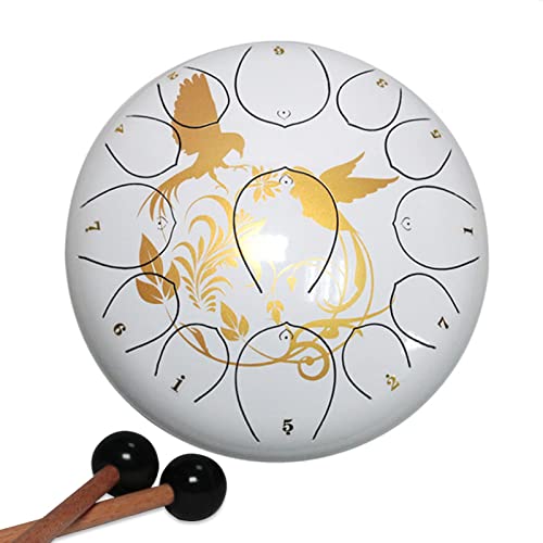 Steel Tongue Drum de 12 pulgadas con 13 notas, portátil, incluye mochila, libro de música, mazos, escalas y anillos para campamento, meditación o yoga, color blanco (D) (A)