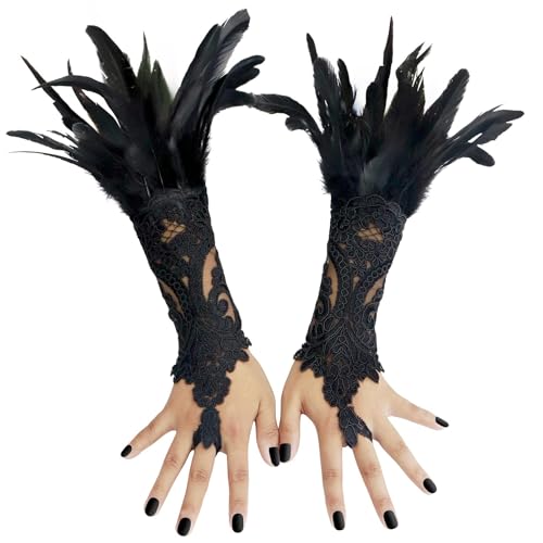 UQJE 2 Pcs Womens Black Feather Gloves Gothic Lace Long Gloves Cuff Witch Angel Costume Accessories for Wedding Halloween Party