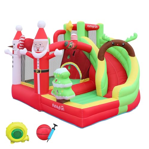 AirMyFun Inflatable Christmas Bounce House with Slide Inflatable Santa Claus Snow House Bouncy House for Kids Outdoor Party with Air Blower