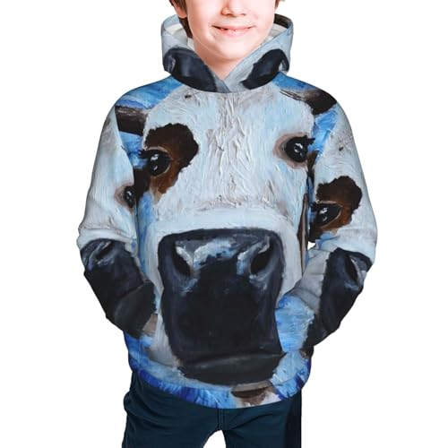White Cow On Blue Oil Painting Kids Pullover Hoodies Boys Sweatshirts Girls Athletic Clothes with Pocket2