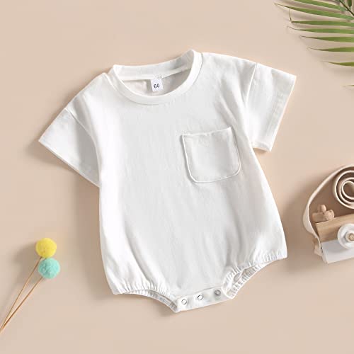 Dnomaid Yzarc Baby Boy Girl Solid Bubble Romper Short Sleeve Oversized T-Shirt Onesie Basic Cotton Bodysuit Tops With Pocket (White, 0-6 Months) #TOP1