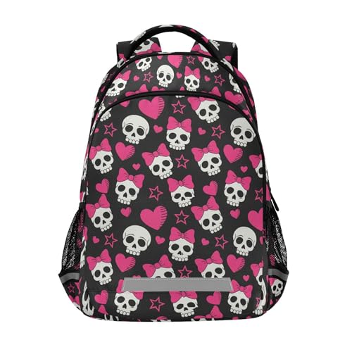 Mnsruu Laptop Backpack with Chest Strap, Gothic Pink Hearts and Skulls School Backpack, Travel Hiking Backpack for Boys Girls Teen Adult, Rucksack, Knapsack