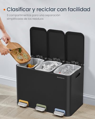 Miniatura 3 de Songmics Home Papelera De Cocina Triple, Cubo De Basura De 3 X 15 L Con Pedales Codificados Por Colores, Sistema De Separación De Residuos, Con Tapas Y Cubos Interiores, Acero, Negro Tinta