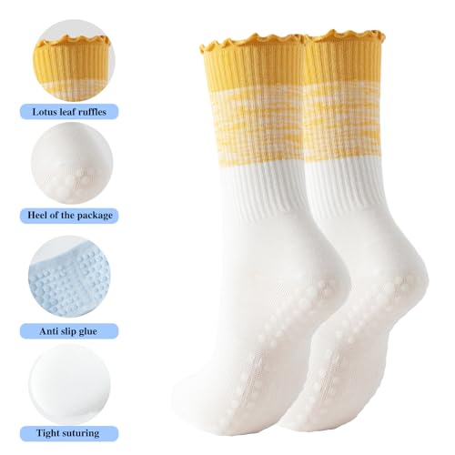 2/4 Pairs Pilates Socks with Grips for Women,Cute Grippy Yoga Non Slip Ruffle Sock for Ballet Barre Barefoot Hospital Workout3
