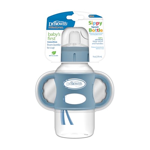 Image of Dr. Brown's Milestones Wide-Neck Sippy Spout Bottle with 100% Silicone Handles, Easy-Grip Handles with Soft Sippy Spout, 9oz/270mL, Light-Blue, 1-Pack, 6m+