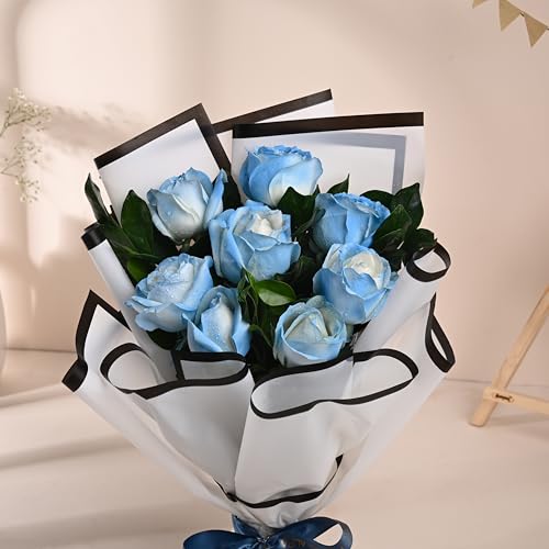 Image of FlowerAura Premium Fresh Live Flower Bouquet of 8 Blue Painted Roses In Designer Paper Gift For Birthday | Anniversary | Love | Home Decor | Fathers Day Gift For Dad (Same Day Delivery)