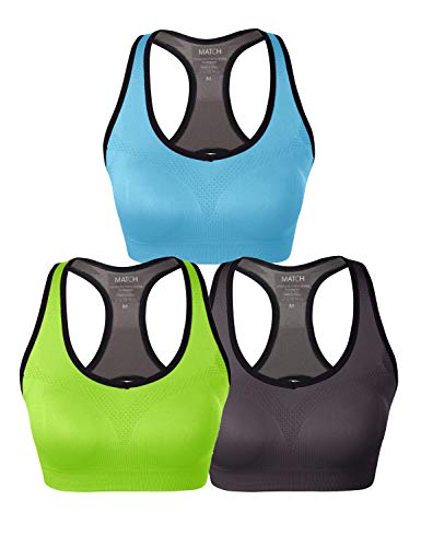 Match Womens Sports Bra Wirefree Seamless Padded Racerback Yoga Bra For Workout Gym Activewear With Removable Pads #001(1 Pack Of 3(Bright Green-Gray Brown-Sky Blue),S) #TOP1