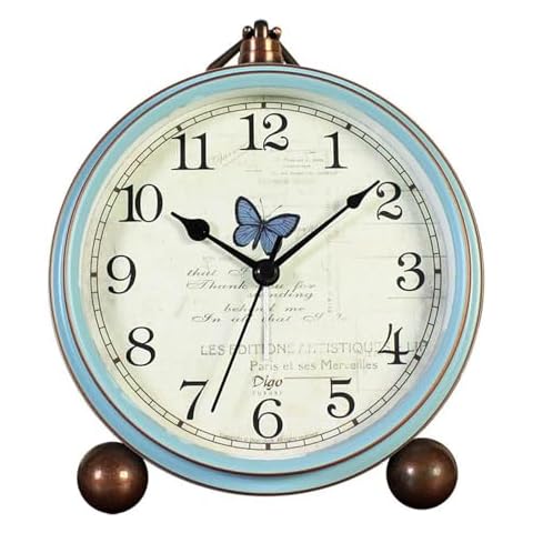 JUSTUP Table Clock, Vintage Non-Ticking Table Desk Alarm Clock Battery Operated with Quartz Movement HD Glass for Bedroom Living Room Office Desk(Butterfly) Cover
