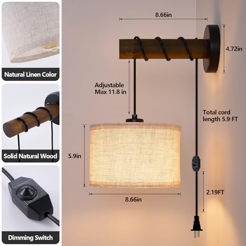 Image of XSDeTu Plug in Wall Sconces Set of 2, Farmhouse Wall Lamp with 5.9FT Plug in Cord, Dimmable Hanging Wall Lighting with Fabric Shade, Adjustable Wall Mount Lights for Bedroom Living Room, Wooden Arm