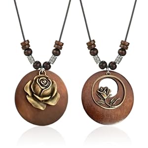 2 Pieces Floral Element Necklace, Wooden Pendant Necklace, Vintage Necklace, Women’s Necklace, Bohemian Style Necklace