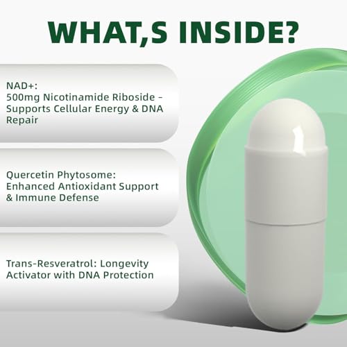 Image of NAD+ Supplement with, Nicotinamide Riboside & Resveratrol 900mg - Anti-Aging Support for Women & Men, NMN Alternative, Vegan Non-GMO - 100 Capsules, 2 Pack